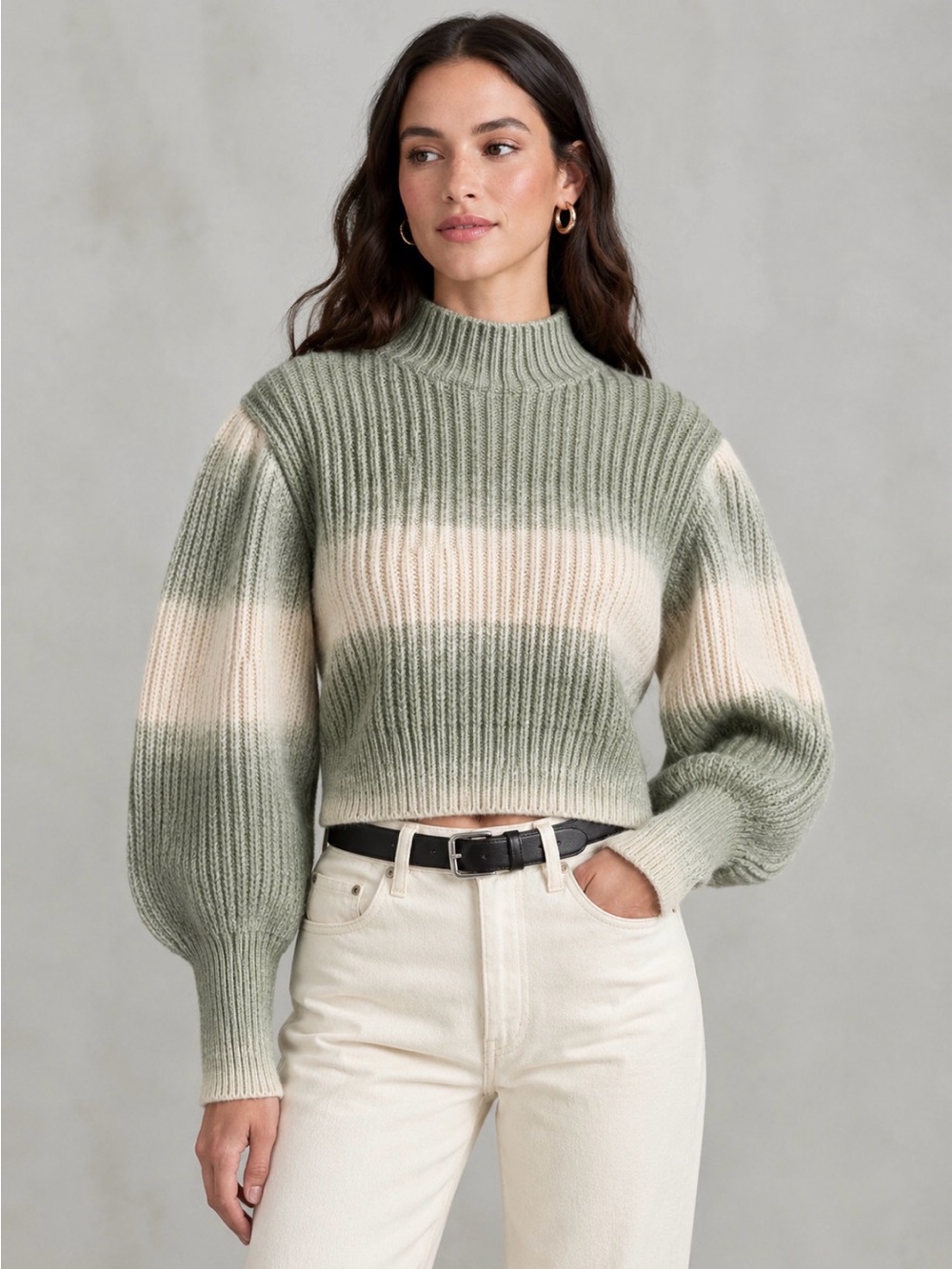 Cozy Sage Green Cream Lantern Sleeve Ribbed Cropped Sweater Statement Sleeve
L